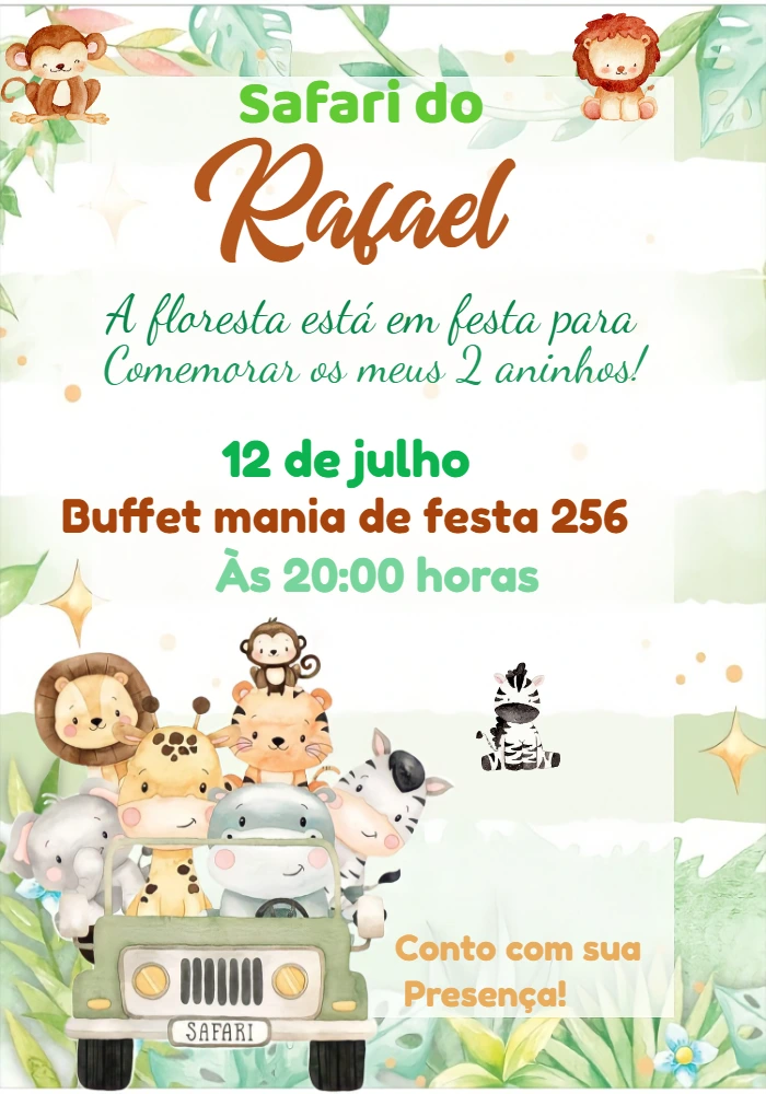 Convite de Aniversário Safari com Animais Fofos para Editar