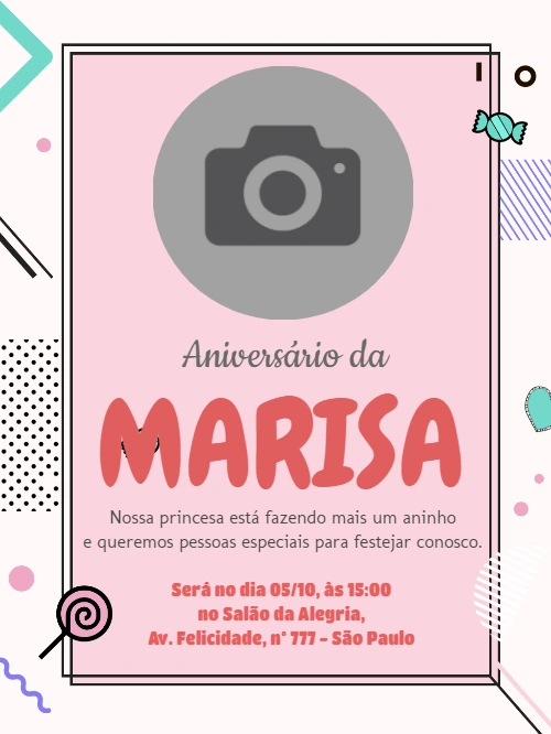 Convite de Aniversário Doces com Foto para Editar Online