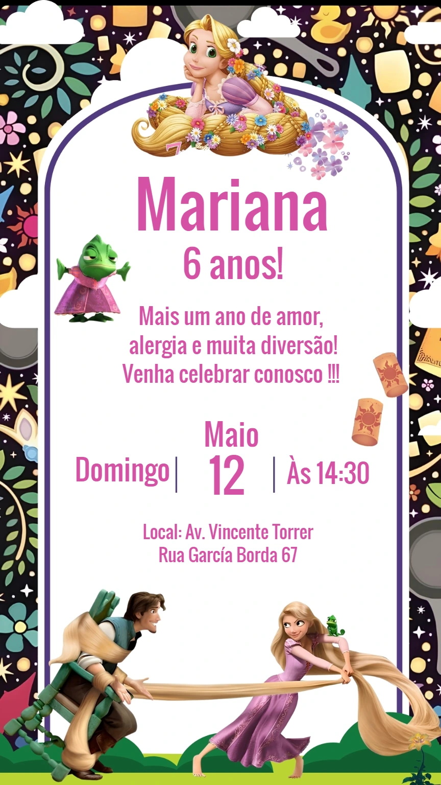 Convite Aniversário Enrolados com Rapunzel para Editar Online