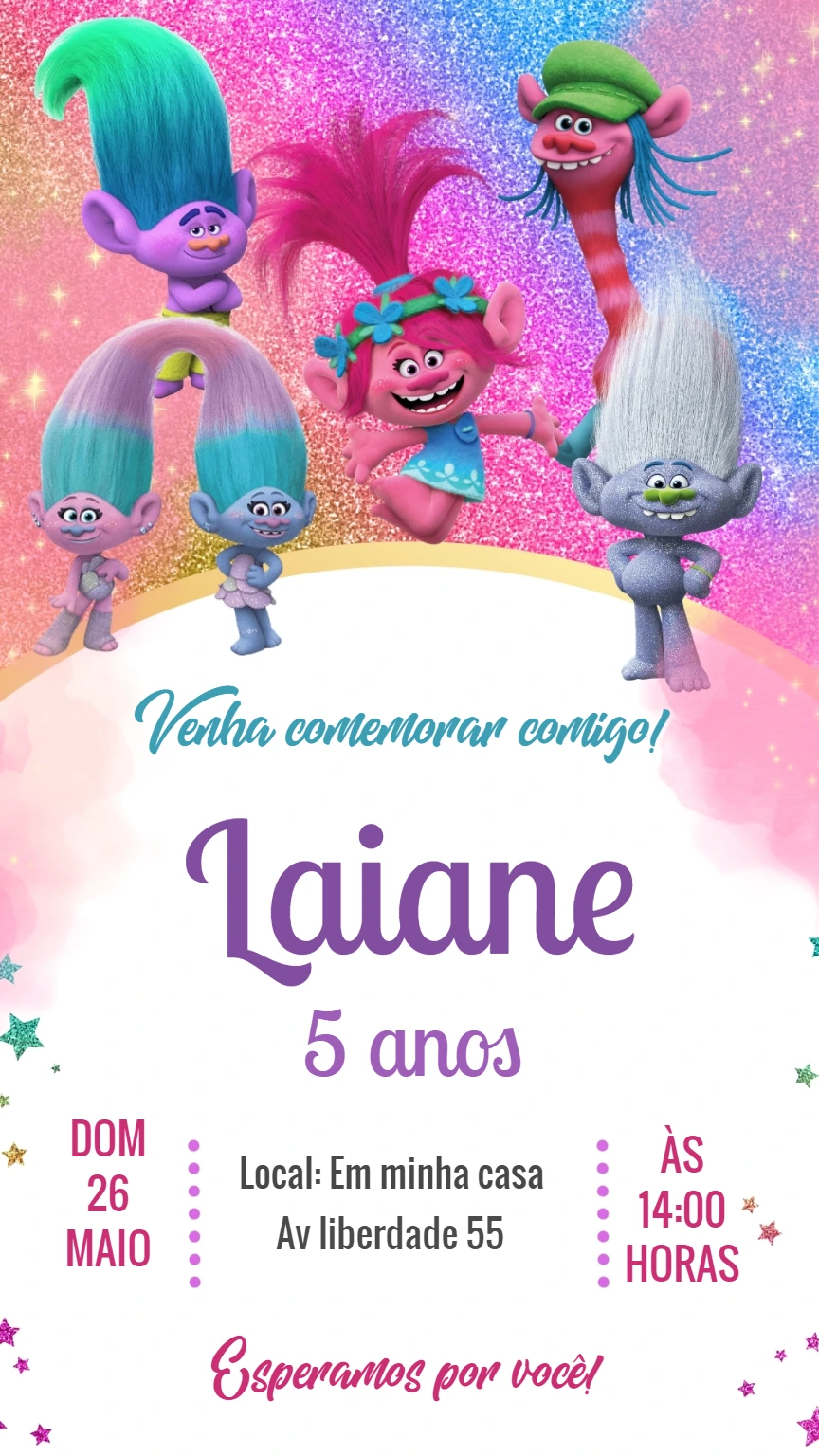 Convite de Aniversário Trolls com Personagens para Editar Online