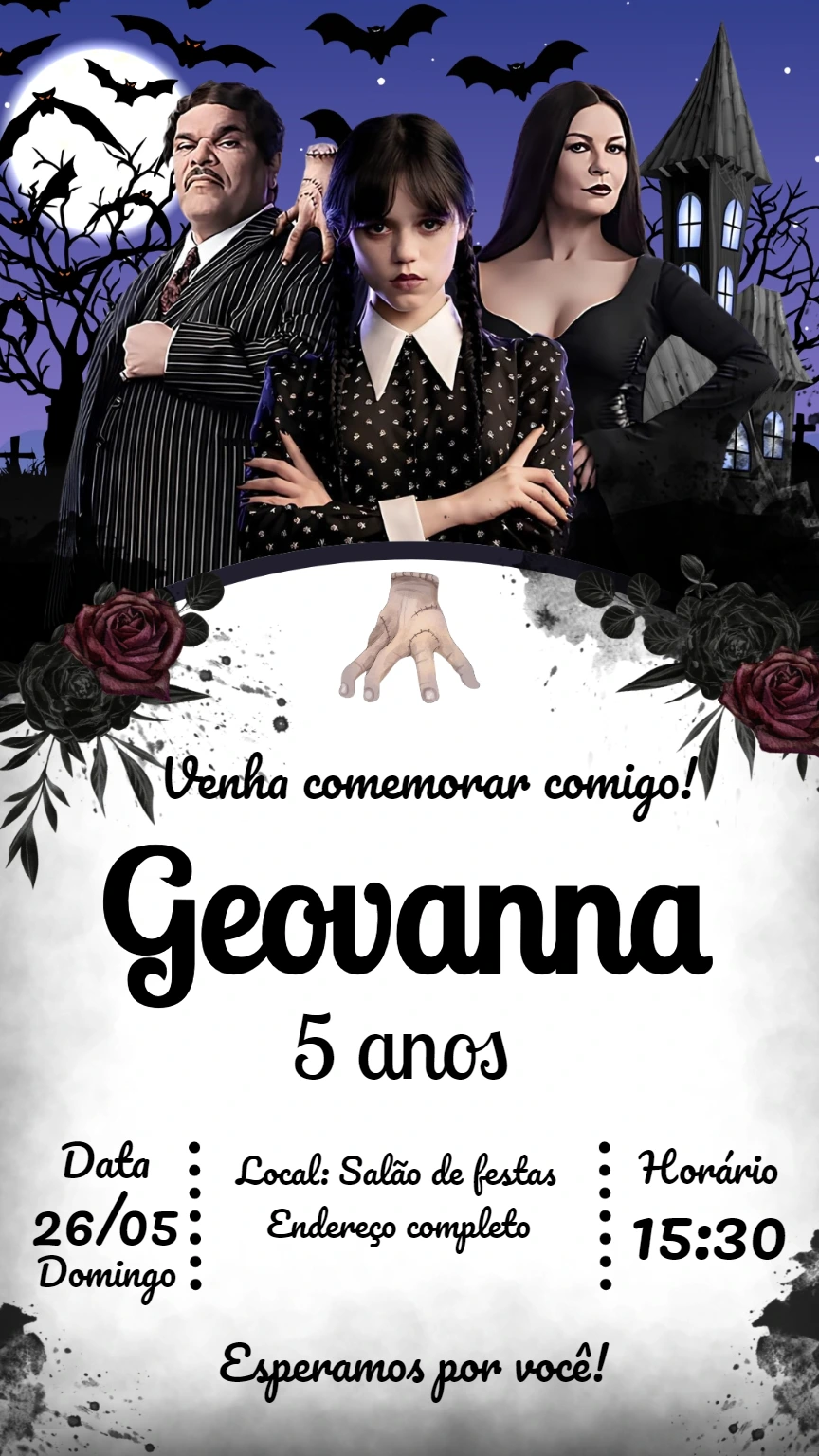Convite Aniversário Wandinha Addams com Personagens para Editar