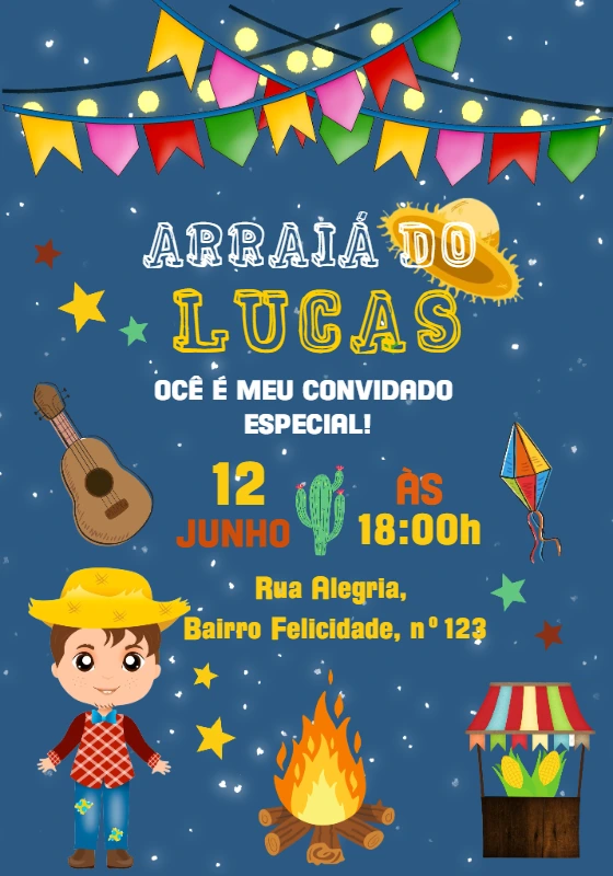 Convite Arraiá Festa Junina com Menino para Editar Online