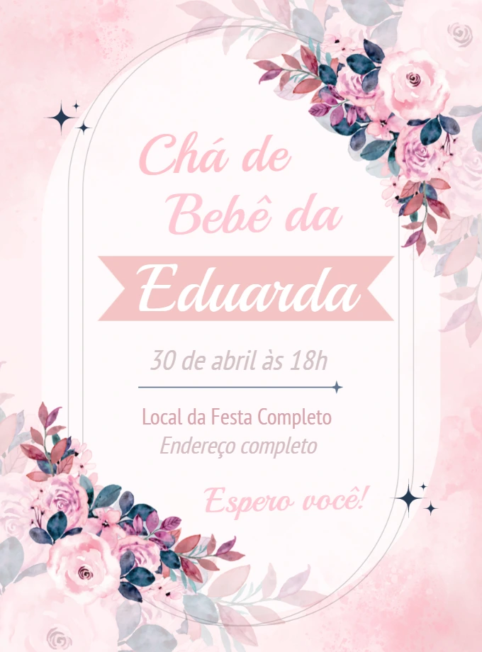 Convite Chá de Bebê Floral Rosa para Editar Online
