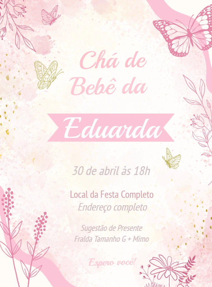 Convite Chá de Bebê Borboletas Delicado para Editar