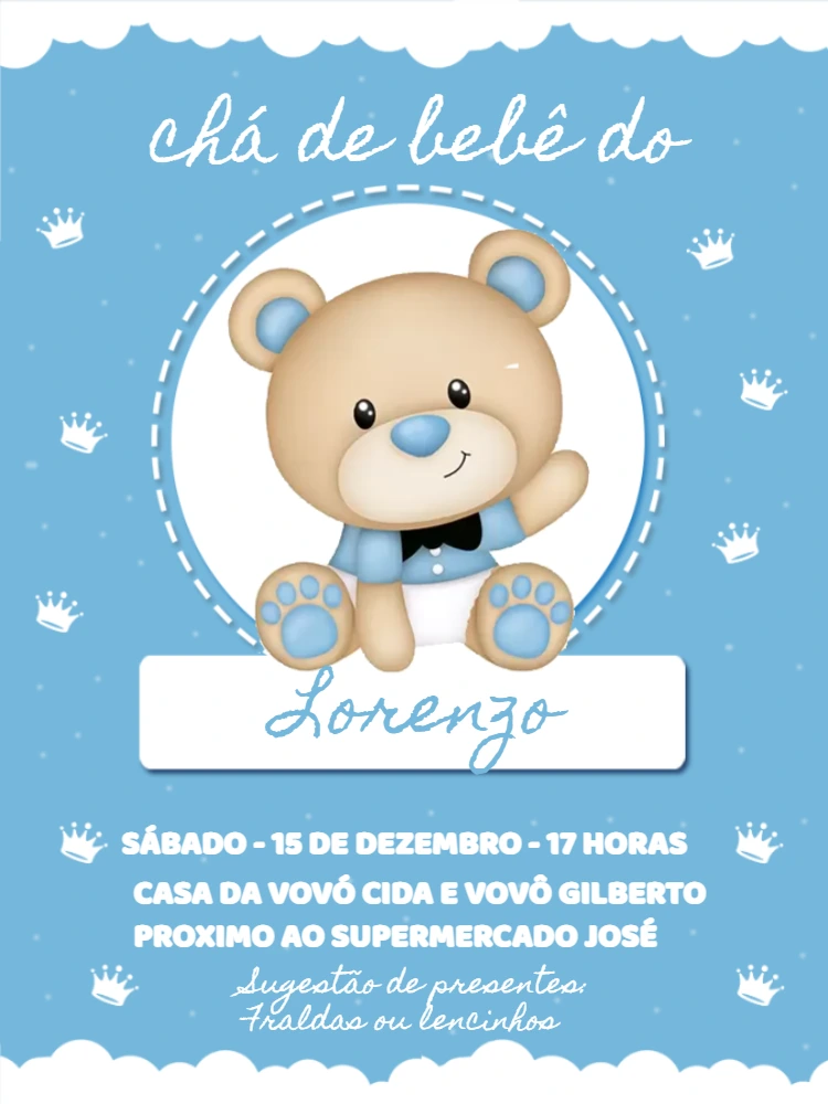 Convite Chá de Bebê Ursinho Príncipe para Editar Online
