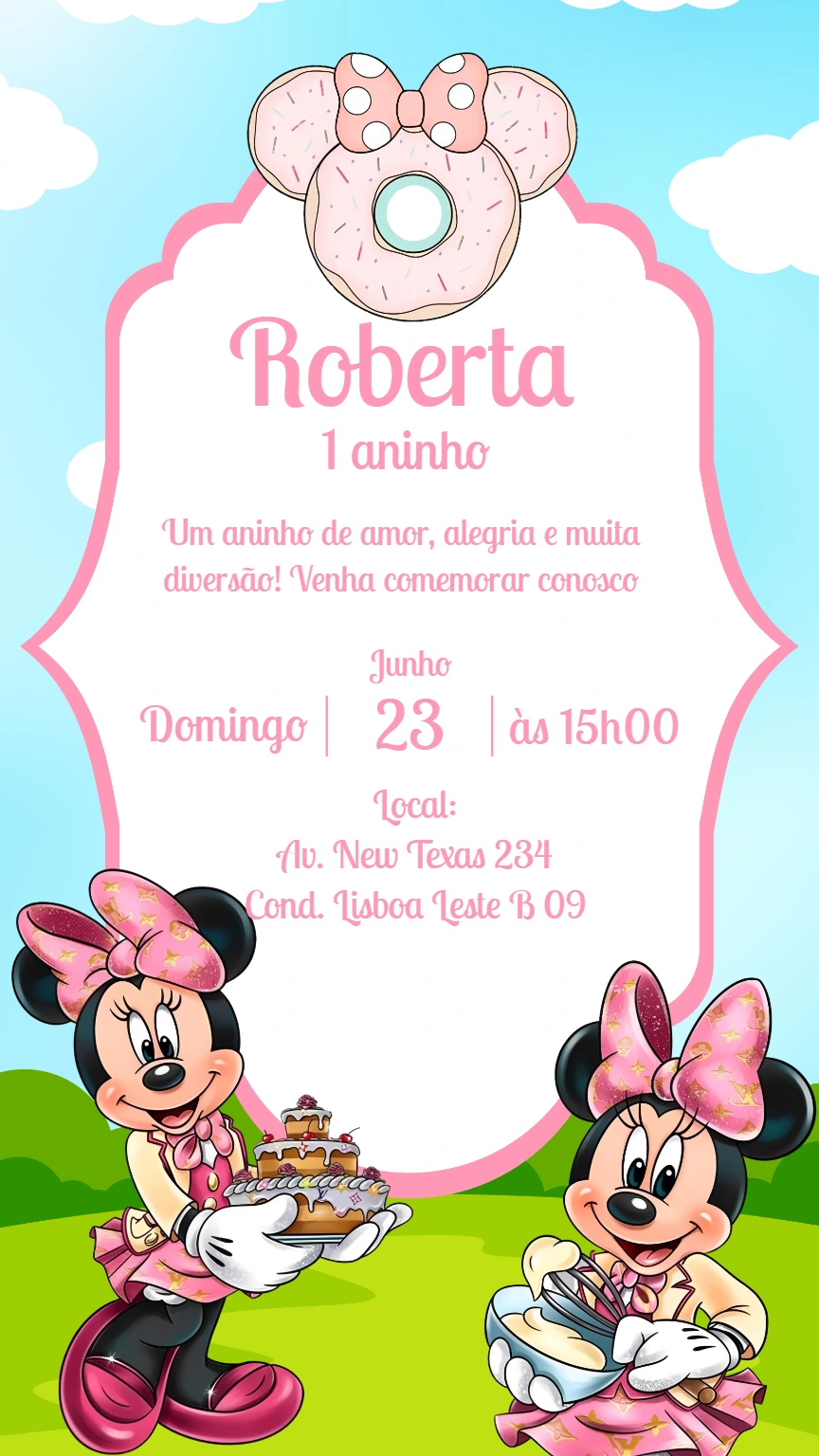 Convite Aniversário Minnie Confeiteira para Editar Online