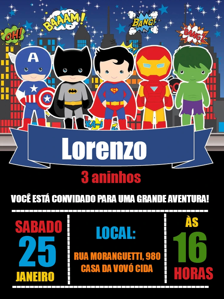 Convite Aniversário Super-Heróis Baby para Editar Online