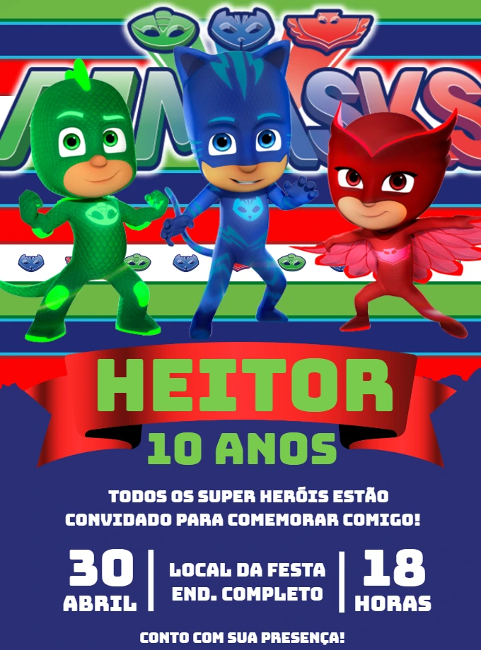 Convite de Aniversário PJ Masks com Heróis para Editar Online