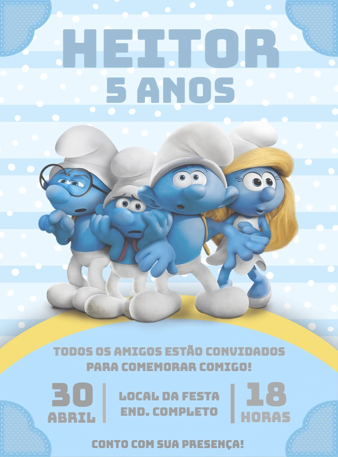 Convite de Aniversário Os Smurfs para Editar Online e Imprimir