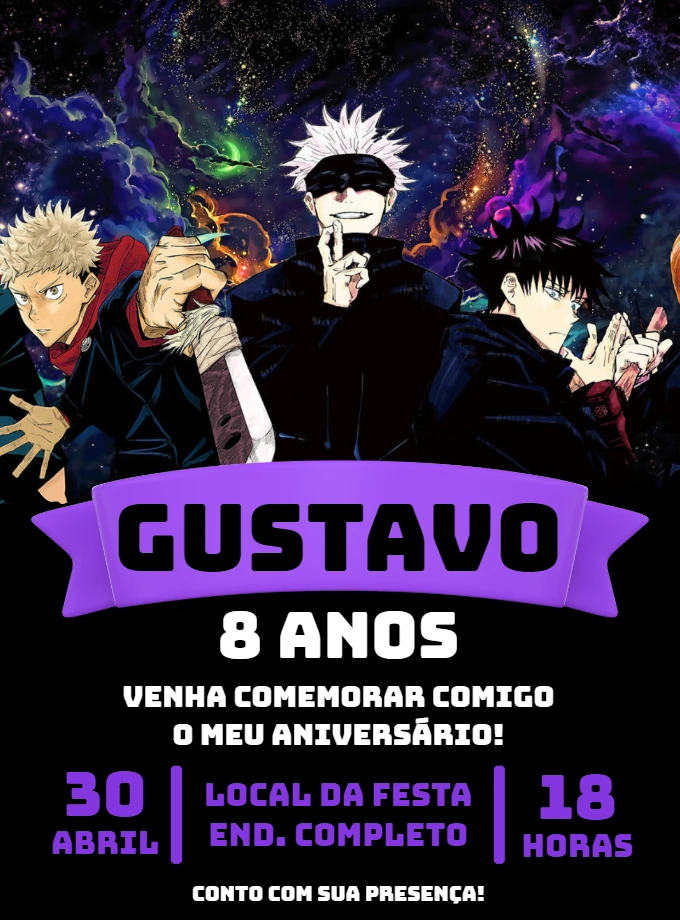 Convite Jujutsu Kaisen para Aniversário Editável Online