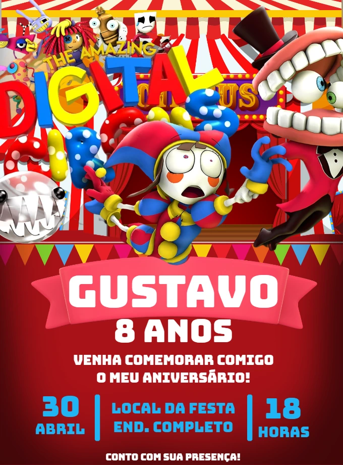 Convite Aniversário Circo Digital com Personagens para Editar