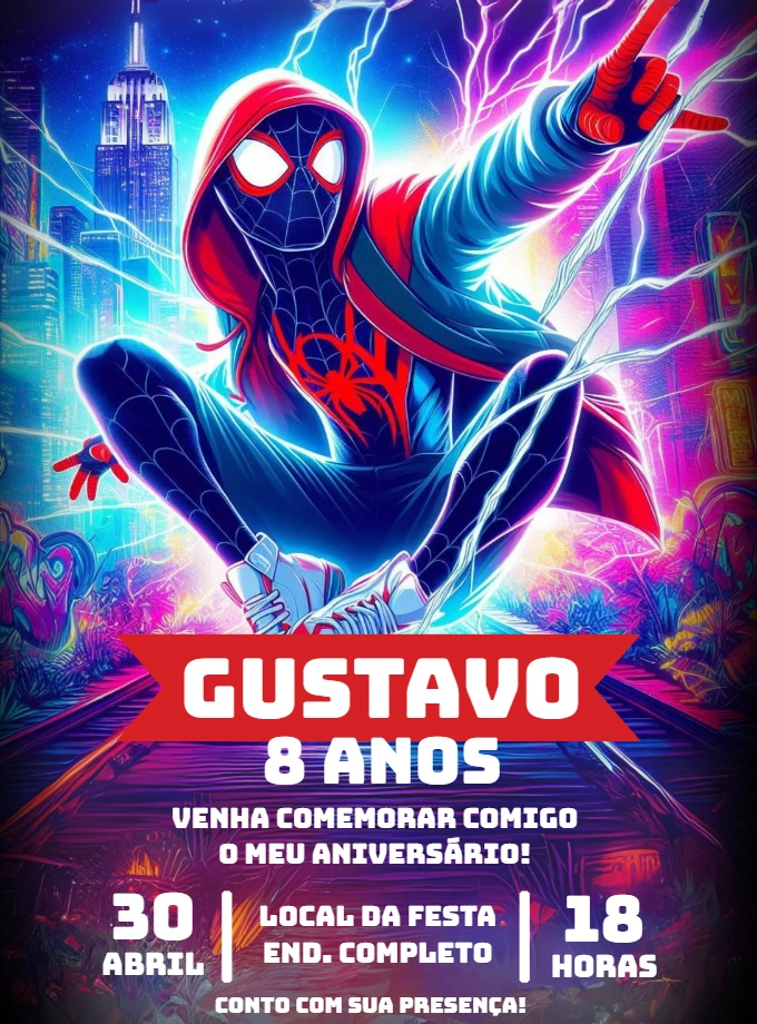 Convite de Aniversário Spider-Man Miles Morales para Editar Online