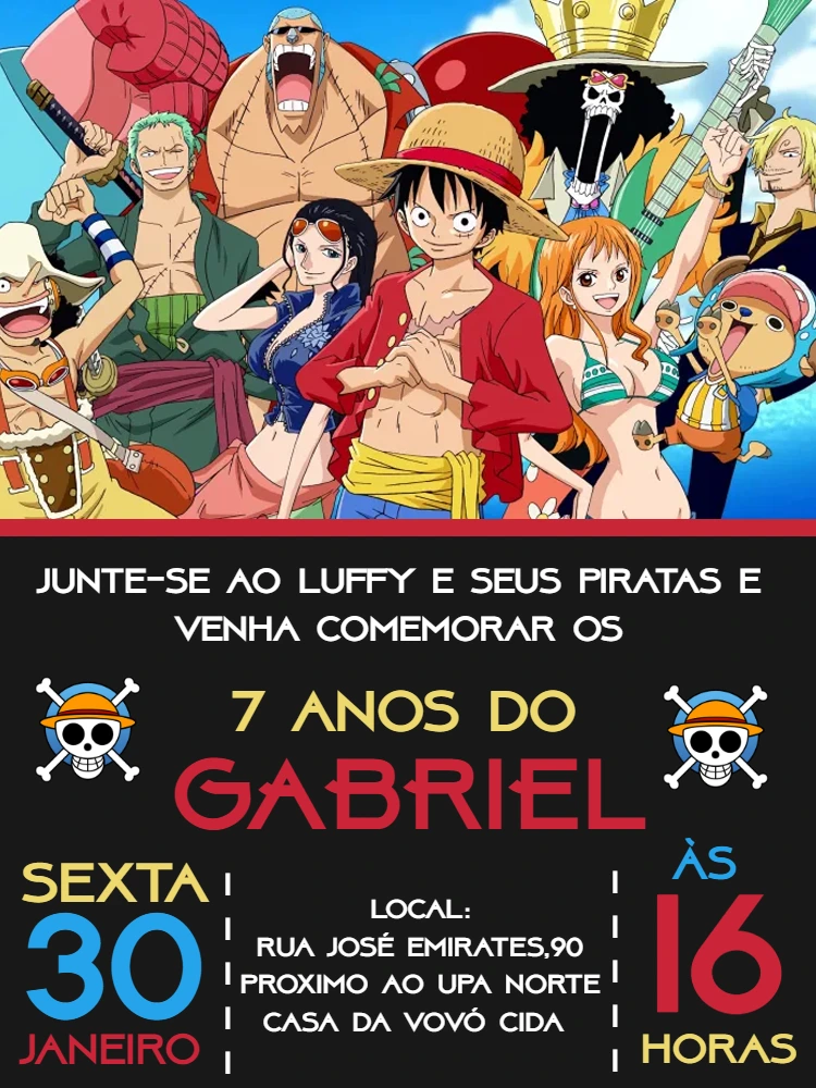 Convite de Aniversário One Piece com Personagens para Editar
