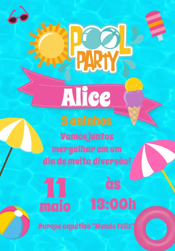 Convite de Aniversário Pool Party Colorido para Editar Online