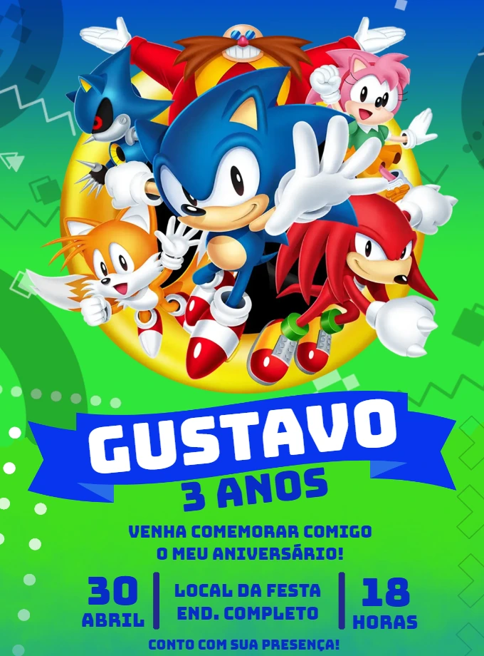 Convite de Aniversário Sonic com Personagens para Editar Online