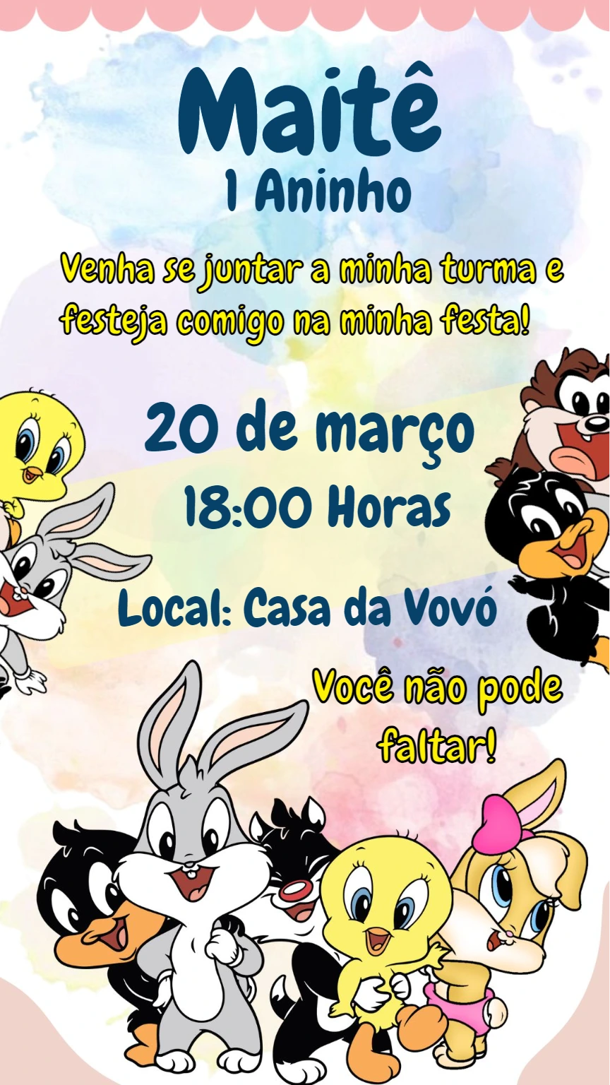 Convite Aniversário Looney Tunes Baby para Editar Online