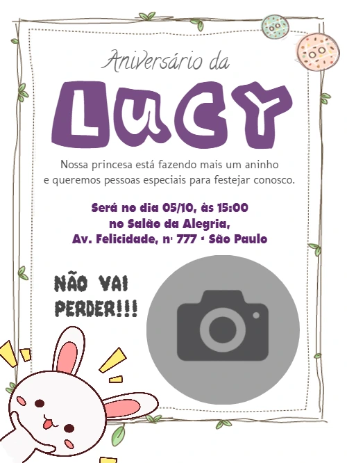 Convite de Aniversário Coelhinha com Foto para Editar Online