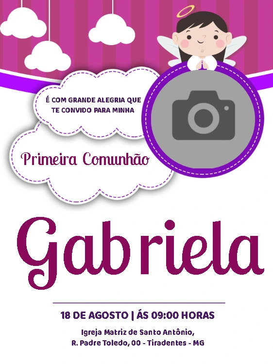 Convite Primeira Comunhão com Foto de Anjinha para Editar Online