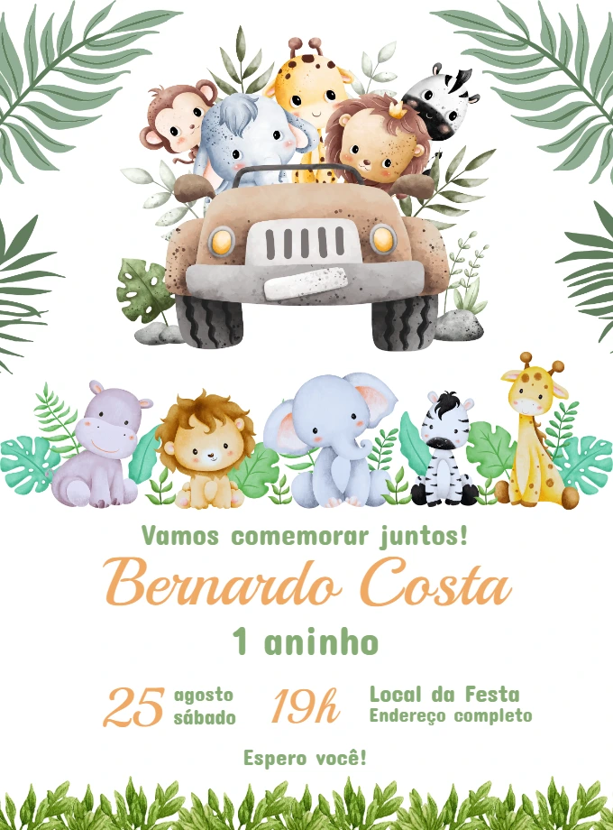 Convite Aniversário Safari com Animais Fofos para Editar Online