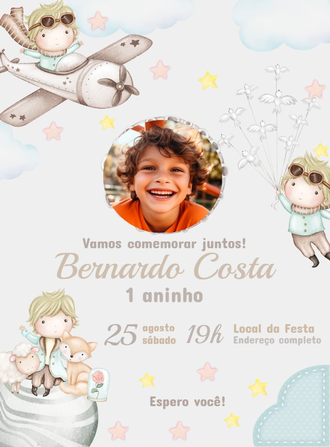 Convite Aniversário Pequeno Príncipe com Foto para Editar Online