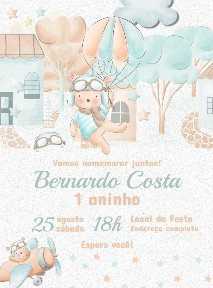 Convite Ursinho Aviador Aquarela para Aniversário Editável