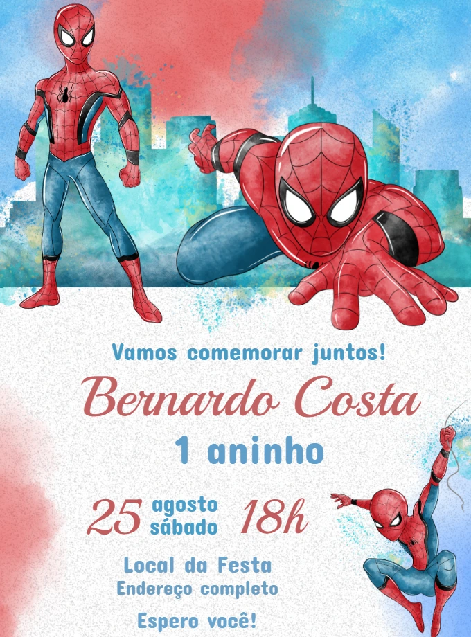 Convite Aniversário Homem Aranha Aquarela para Editar