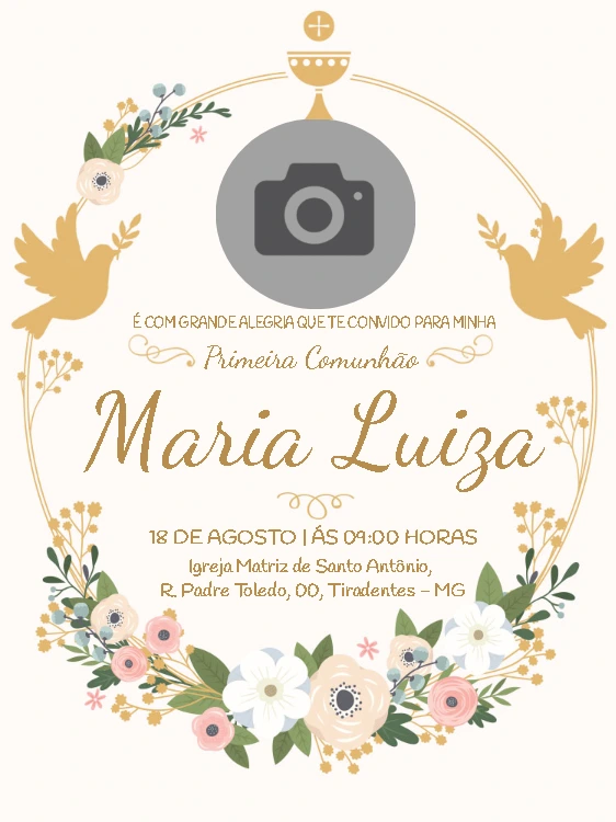 Convite de Primeira Comunhão com Foto Floral para Editar Online
