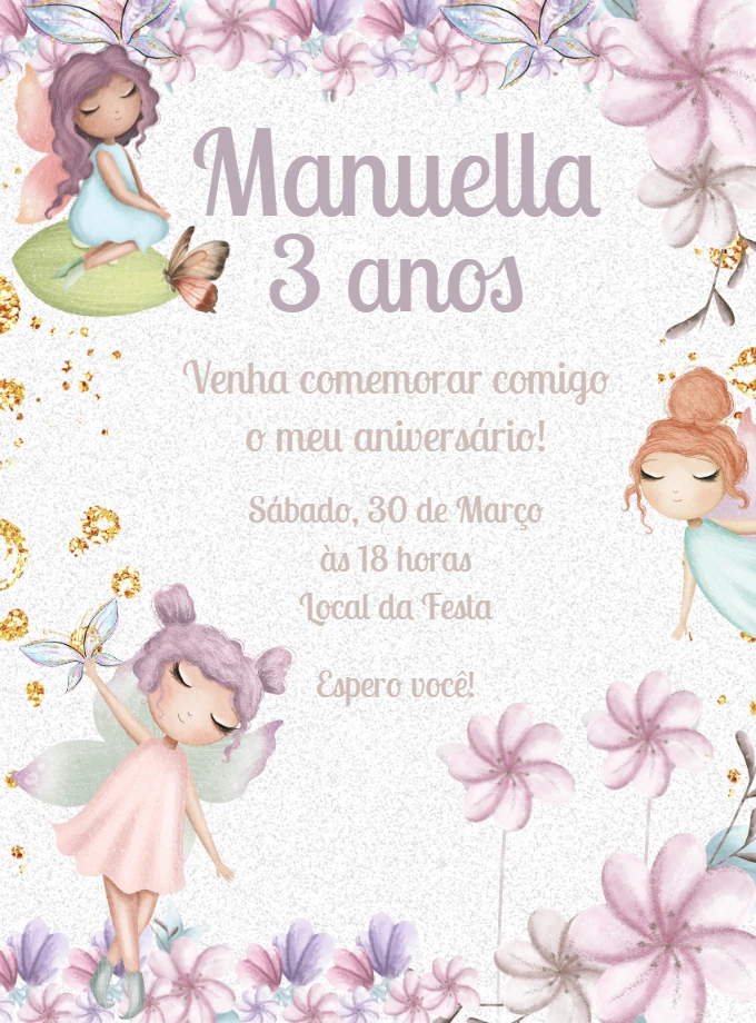 Convite Aniversário Jardim das Fadas com Fadinhas para Editar