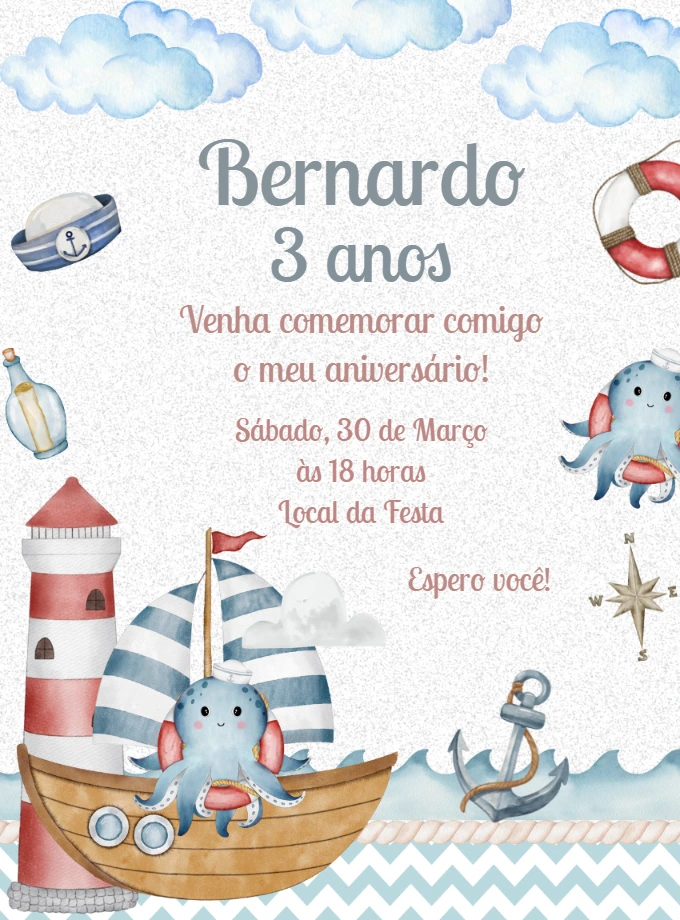 Convite Aniversário Polvo Marinheiro para Editar Online