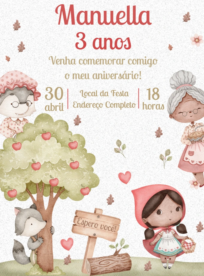 Convite Aniversário Chapeuzinho Vermelho para Editar Online
