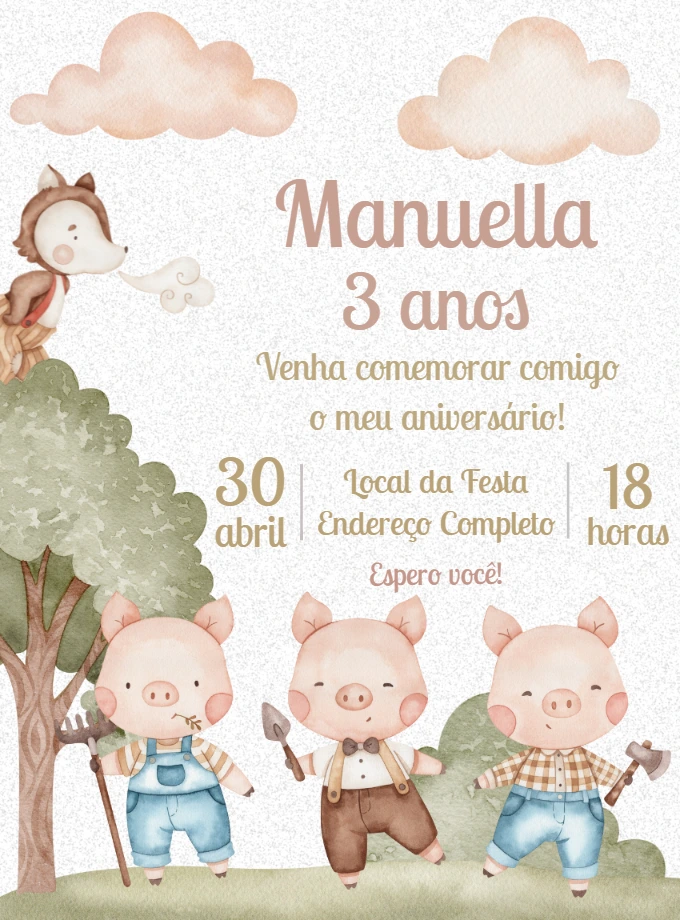 Convite de Aniversário Os Três Porquinhos para Editar Online