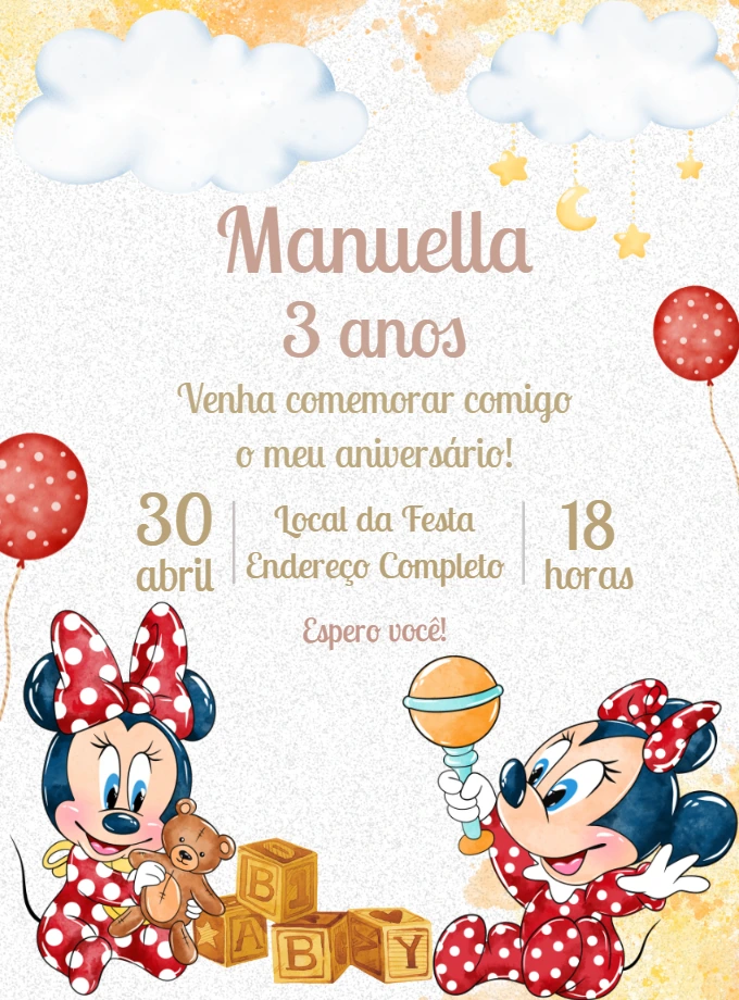 Convite Aniversário Minnie Baby Editável para Imprimir