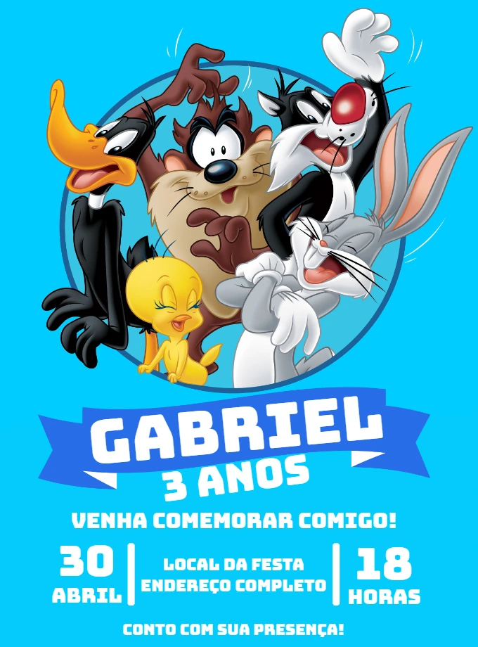 Convite Aniversário Looney Tunes com Personagens para Editar