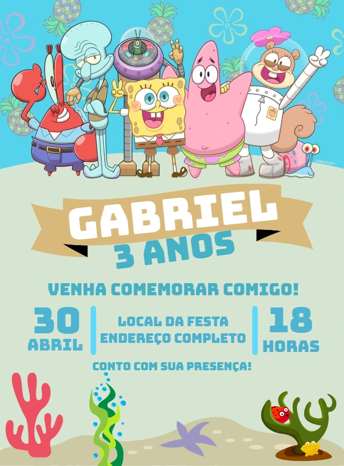 Convite de Aniversário Bob Esponja para Editar Online