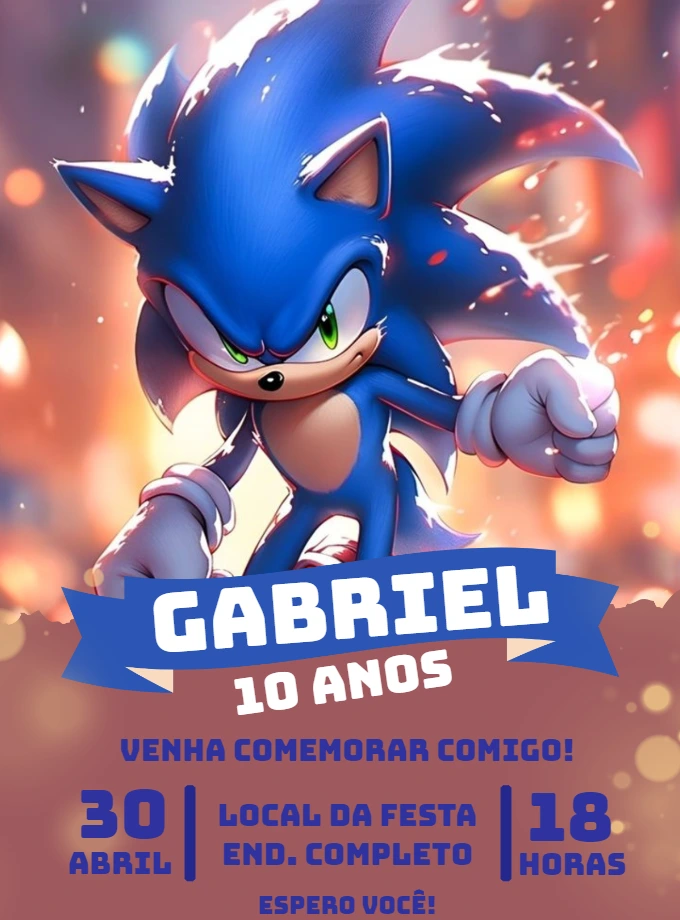 Convite de Aniversário Sonic Editável para Imprimir