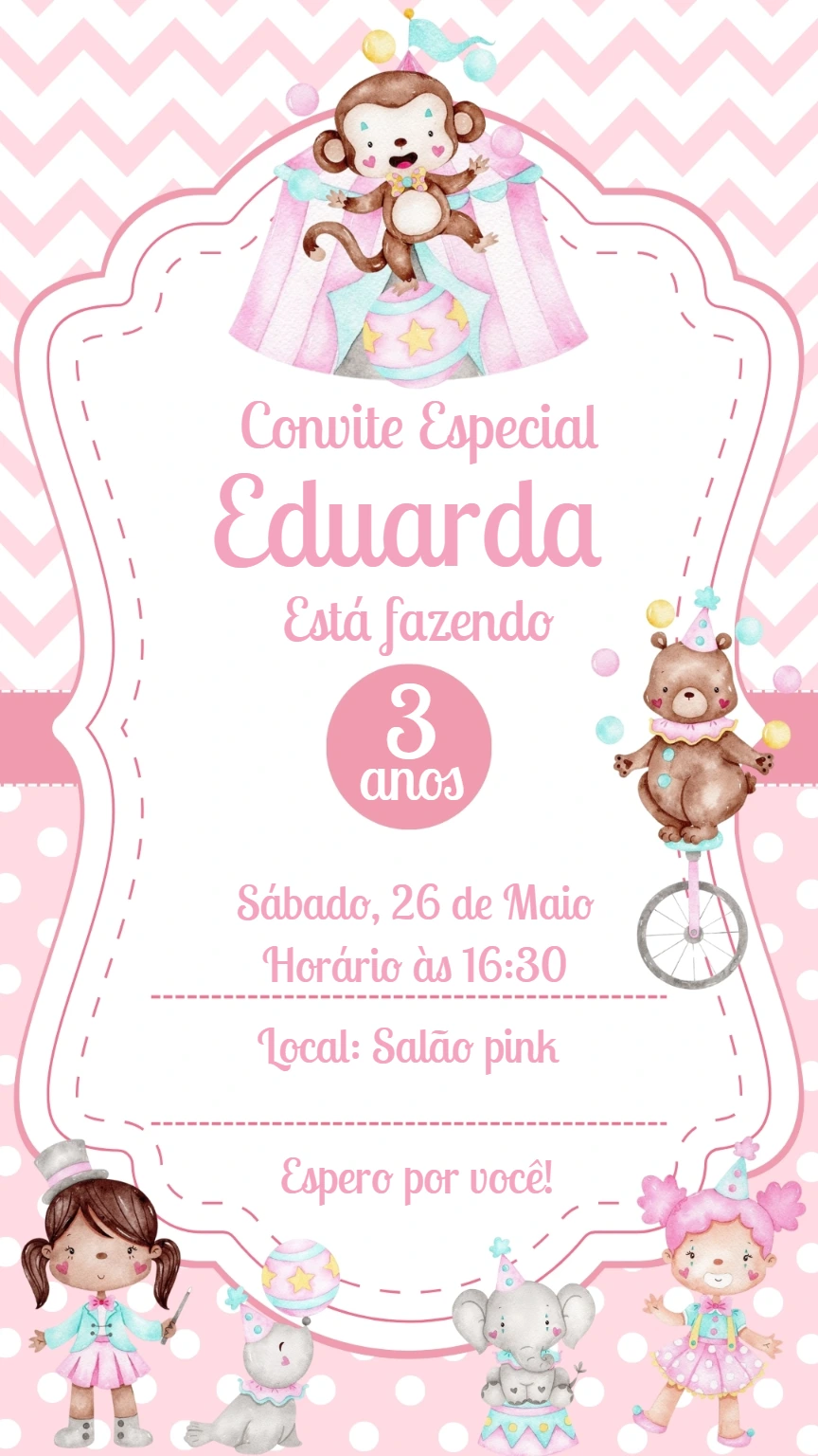 Convite Aniversário Circo Rosa Aquarela para Editar Online