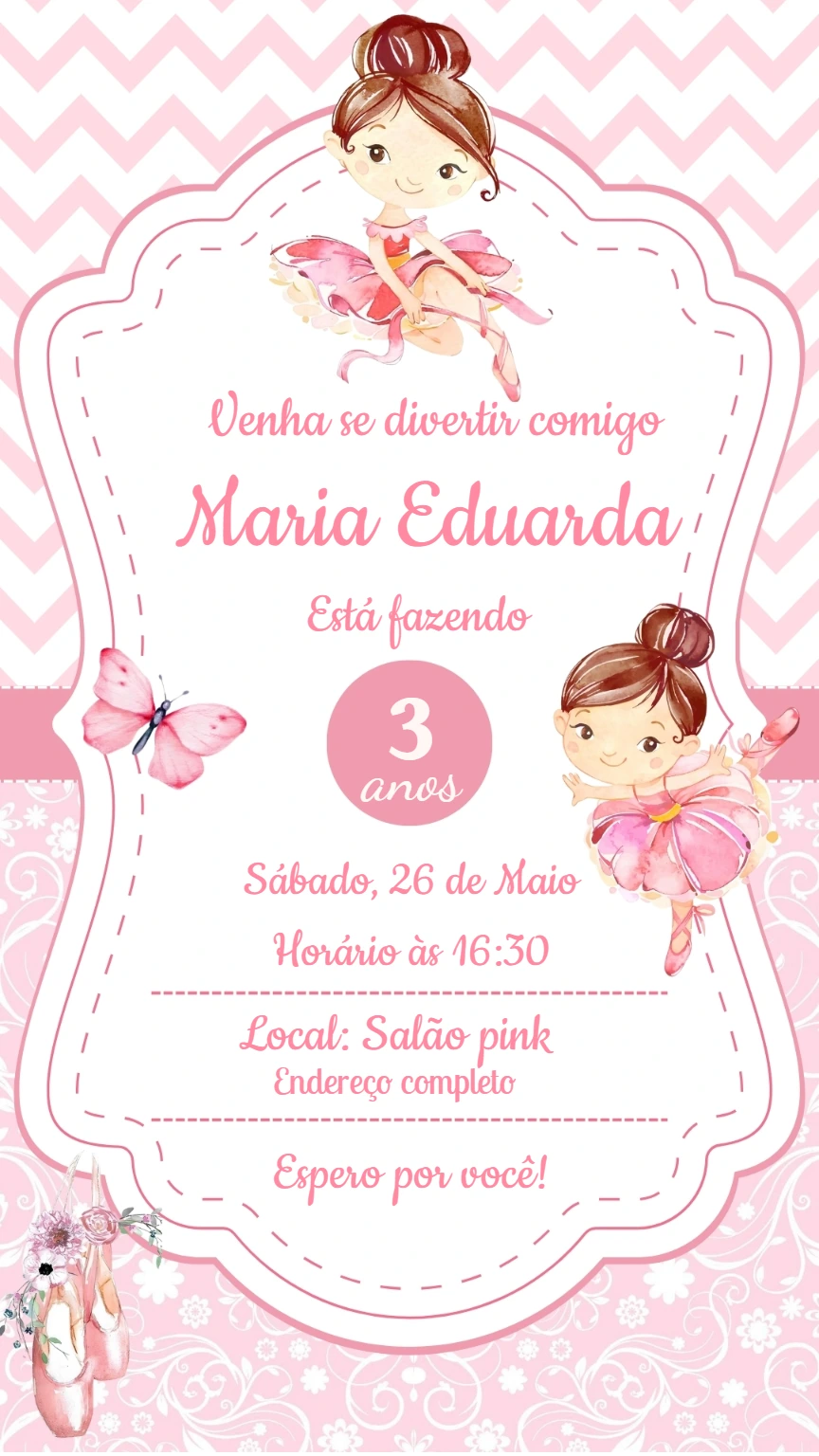 Convite Aniversário Bailarina Aquarela para Editar Online