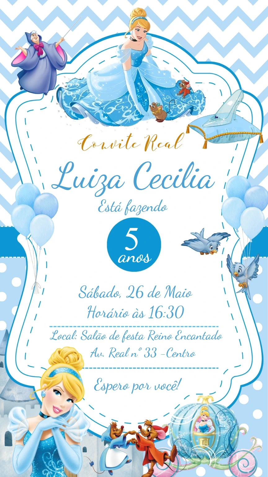 Convite de Aniversário Cinderela com Princesa para Editar
