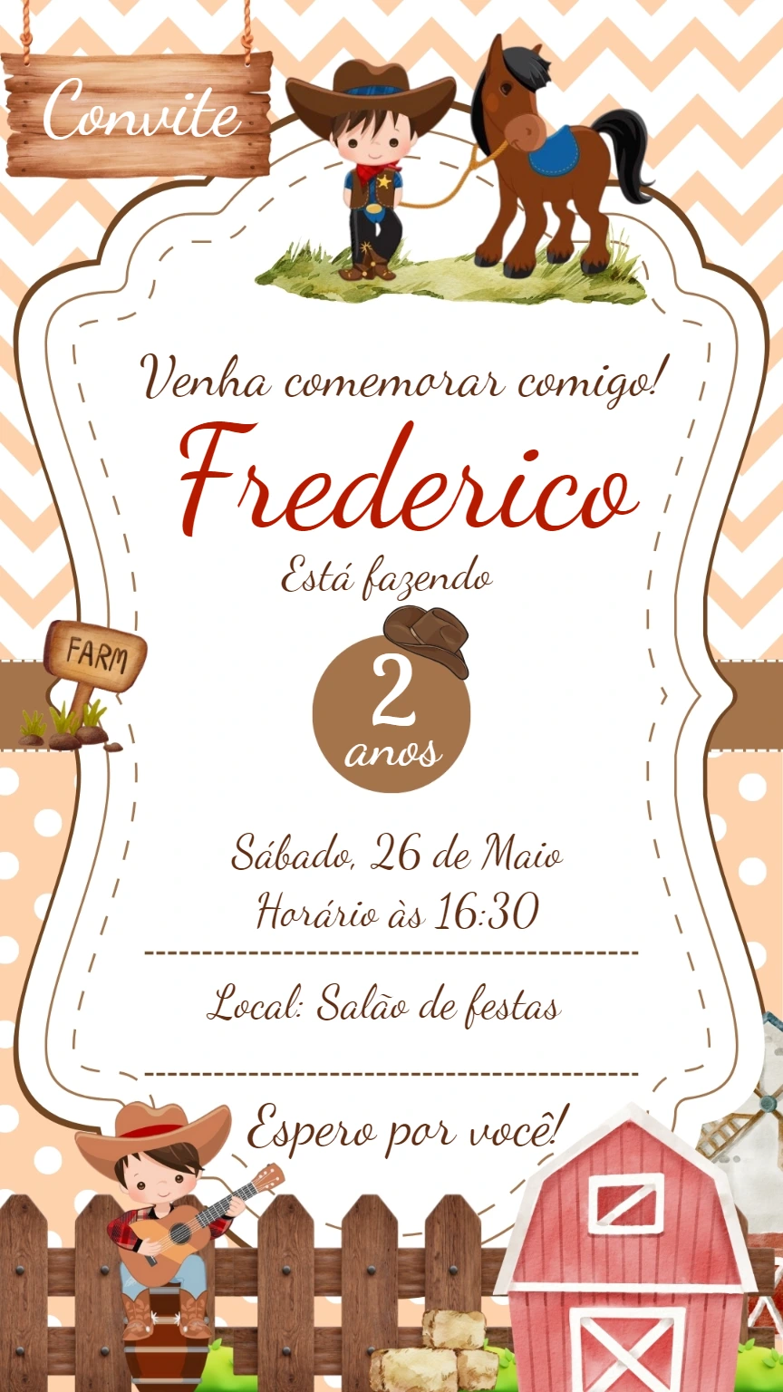 Convite Aniversário Fazendinha Menino para Editar Online