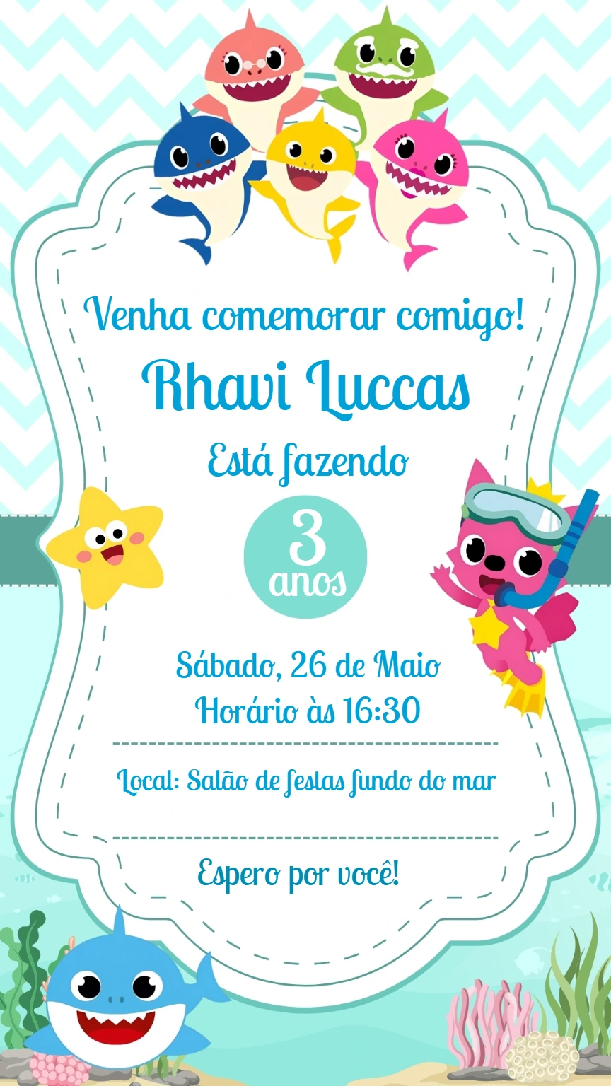 Convite Aniversário Baby Shark para Editar Online