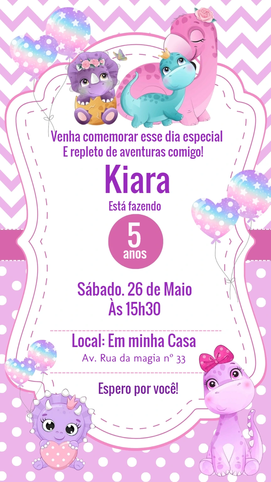 Convite Aniversário Dinossauro Baby Menina para Editar Online