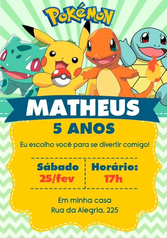 Convite de Aniversário Pokémon com Personagens para Editar Online