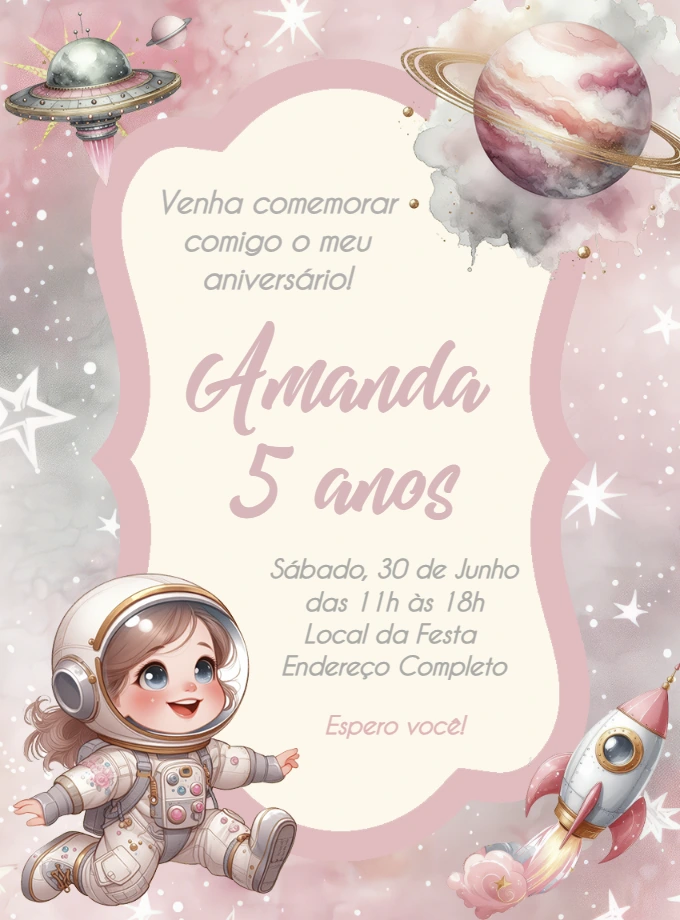 Convite Aniversário Astronauta Menina para Editar Online
