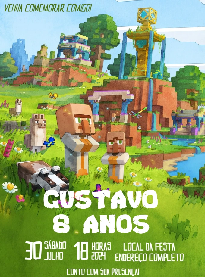 Convite de Aniversário Minecraft Aquarela para Editar Online
