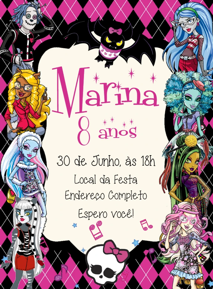 Convite Aniversário Monster High com Personagens para Editar