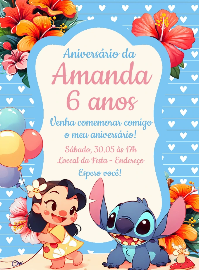 Convite Aniversário Lilo e Stitch para Editar Online