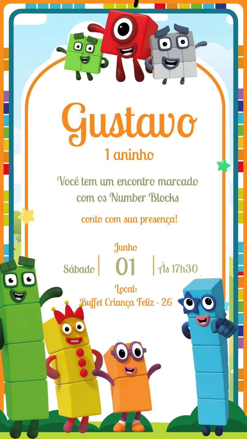 Convite Aniversário Number Blocks com Personagens para Editar