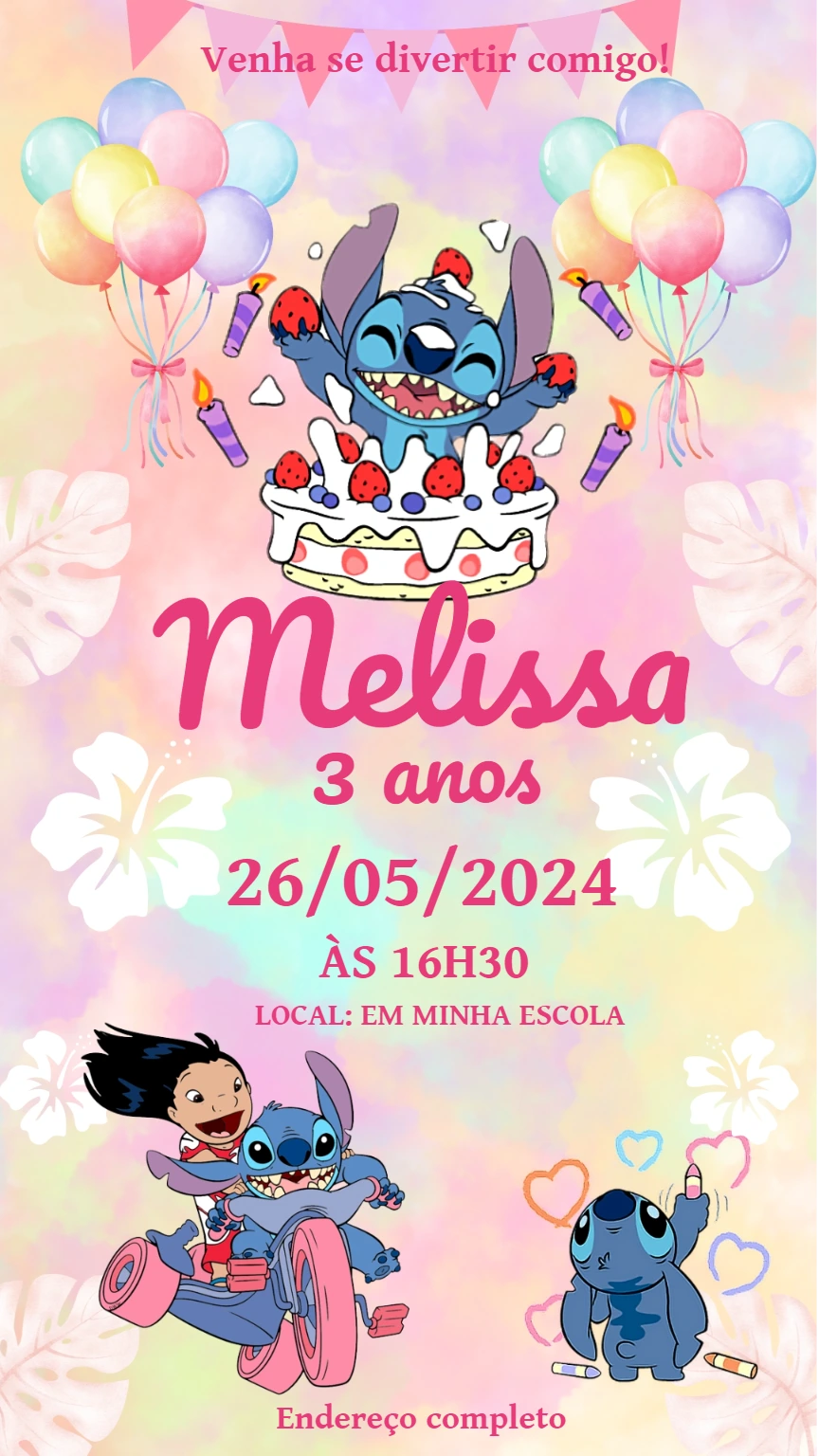 Convite Aniversário Stitch Infantil para Editar Online