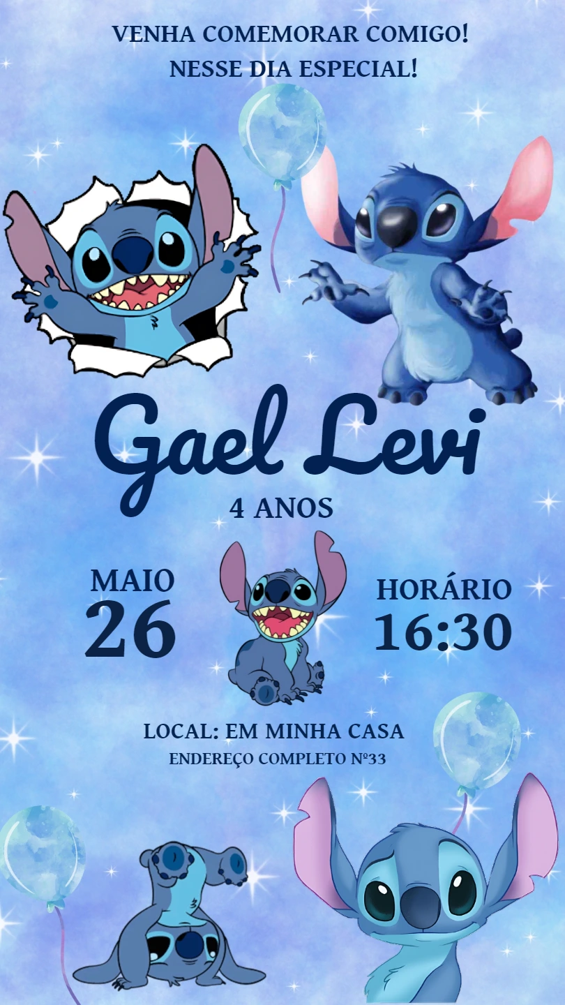 Convite de Aniversário Stitch Menino para Editar Online