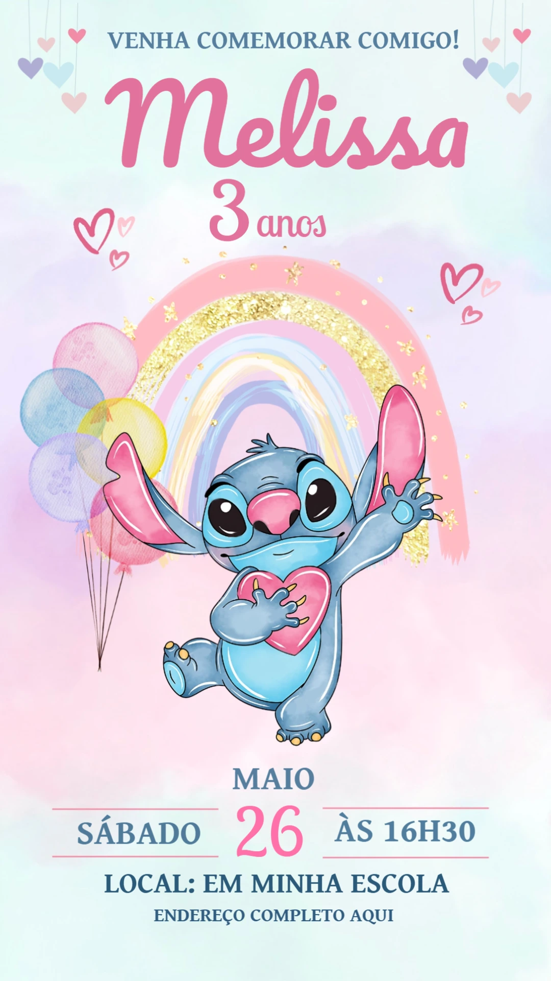 Convite de Aniversário Stitch Aquarela para Editar Online